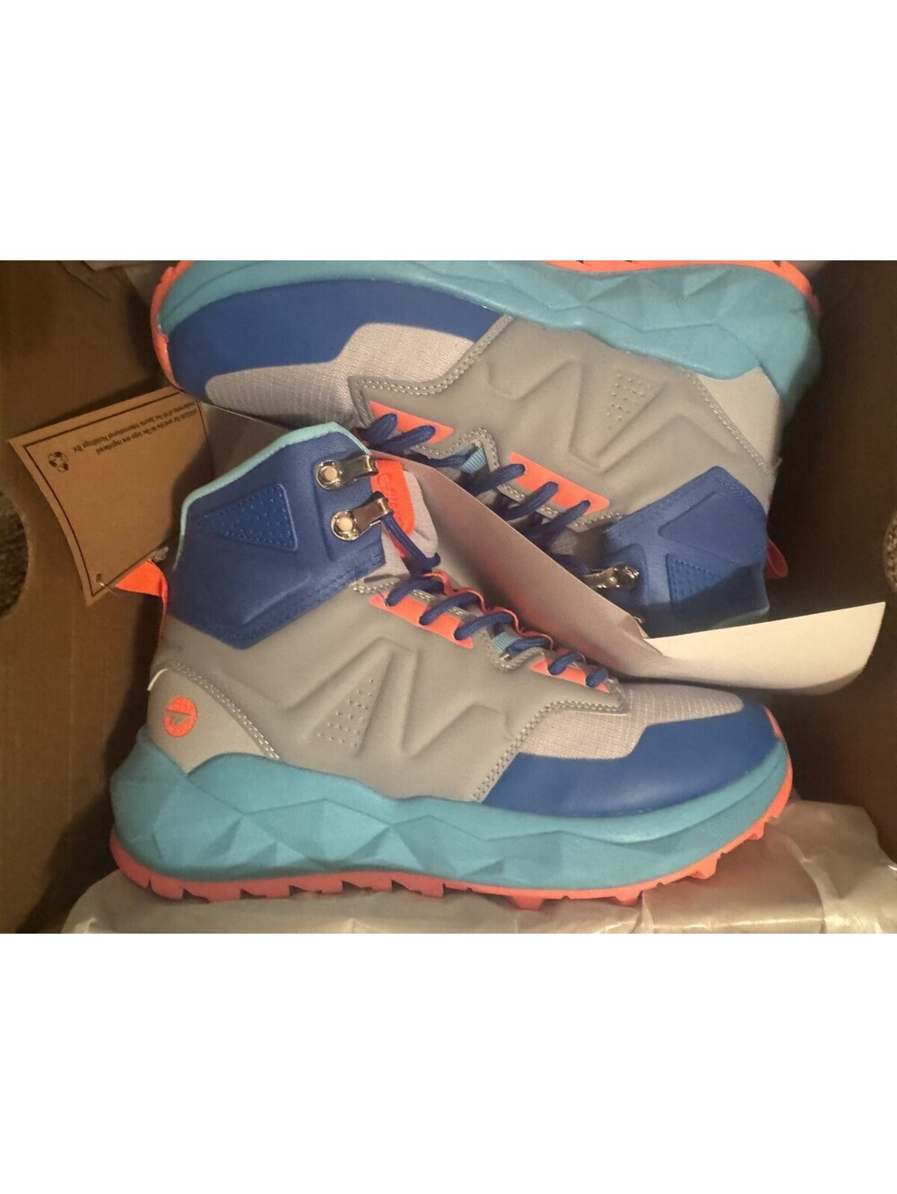 Hi-Tec Geo Sand Trail Mid Kids 5.5 Hiking Boots Grey Blue Coral NIB Gorpcore - Picture 2 of 8